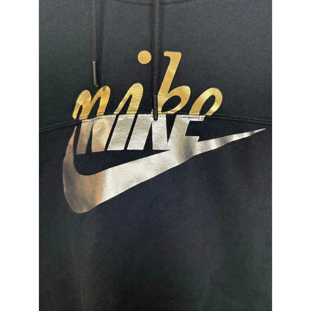 Nike Black Cropped Hoodie Size L Gold Swoosh Logo Athleisure Streetwear